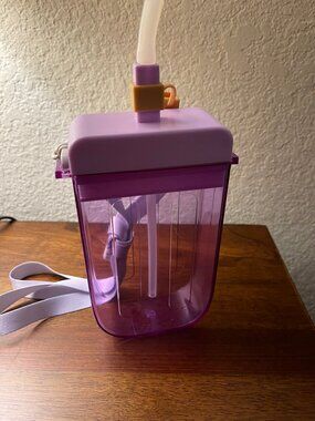 Purple Mini Crossbody Water Bottle Cup with Straw and Strap, Juice Box Style, Un
